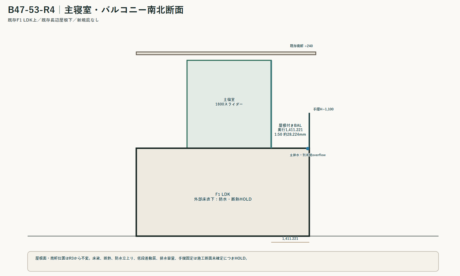 主寝室・バルコニー南北断面